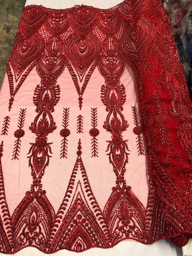 Red Beaded Fabric Embroidered Lace Pearls On A Mesh Bridal/Wedding Fabrics Sold By The Yard