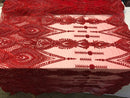 Red Beaded Fabric Embroidered Lace Pearls On A Mesh Bridal/Wedding Fabrics Sold By The Yard