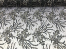 Beaded - Black - Fancy Flower Design Sequins Fabric with Beads Sold By The Yard