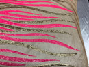 Two Tone - Hot Pink / Gold -  4 Way Stretch Sequins Fabric Embroidered On (Nude Mesh) Sold By Yard