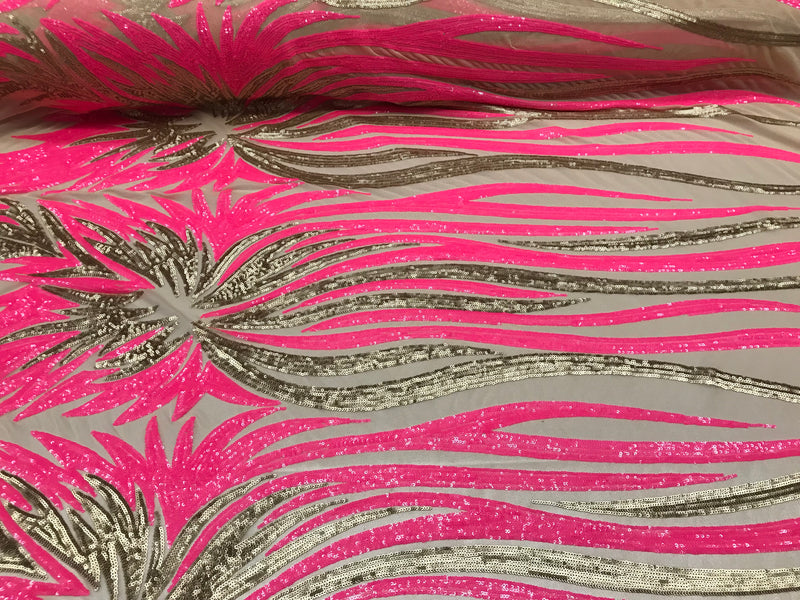 Two Tone - Hot Pink / Gold -  4 Way Stretch Sequins Fabric Embroidered On (Nude Mesh) Sold By Yard
