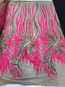 Two Tone - Hot Pink / Gold -  4 Way Stretch Sequins Fabric Embroidered On (Nude Mesh) Sold By Yard