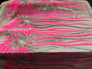 Two Tone - Hot Pink / Gold -  4 Way Stretch Sequins Fabric Embroidered On (Nude Mesh) Sold By Yard