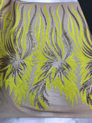 Two Tone - Yellow / Gold -  4 Way Stretch Sequins Fabric Embroidered On (Nude Mesh) Sold By Yard