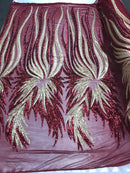 Two Tone - Burgundy / Gold -  4 Way Stretch Sequins Fabric Embroidered On (Nude Mesh) Sold By Yard