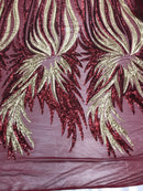 Two Tone - Burgundy / Gold -  4 Way Stretch Sequins Fabric Embroidered On (Nude Mesh) Sold By Yard