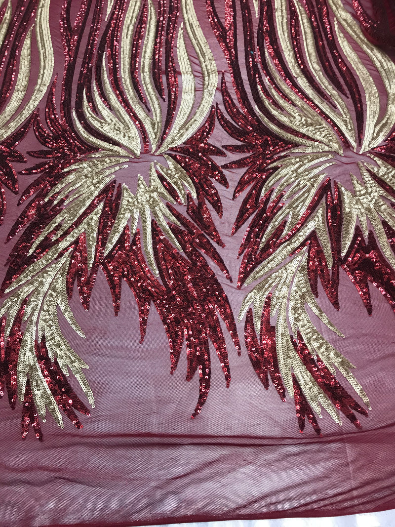 Two Tone - Burgundy / Gold -  4 Way Stretch Sequins Fabric Embroidered On (Nude Mesh) Sold By Yard