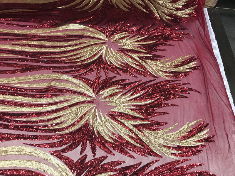 Two Tone - Burgundy / Gold -  4 Way Stretch Sequins Fabric Embroidered On (Nude Mesh) Sold By Yard