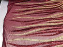 Two Tone - Burgundy / Gold -  4 Way Stretch Sequins Fabric Embroidered On (Nude Mesh) Sold By Yard