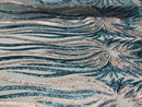 Two Tone - Teal / Gold -  4 Way Stretch Sequins Fabric Embroidered On (Nude Mesh) Sold By Yard