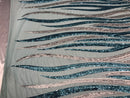 Two Tone - Teal / Gold -  4 Way Stretch Sequins Fabric Embroidered On (Nude Mesh) Sold By Yard
