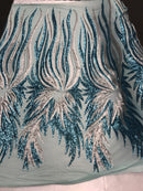 Two Tone - Teal / Gold -  4 Way Stretch Sequins Fabric Embroidered On (Nude Mesh) Sold By Yard