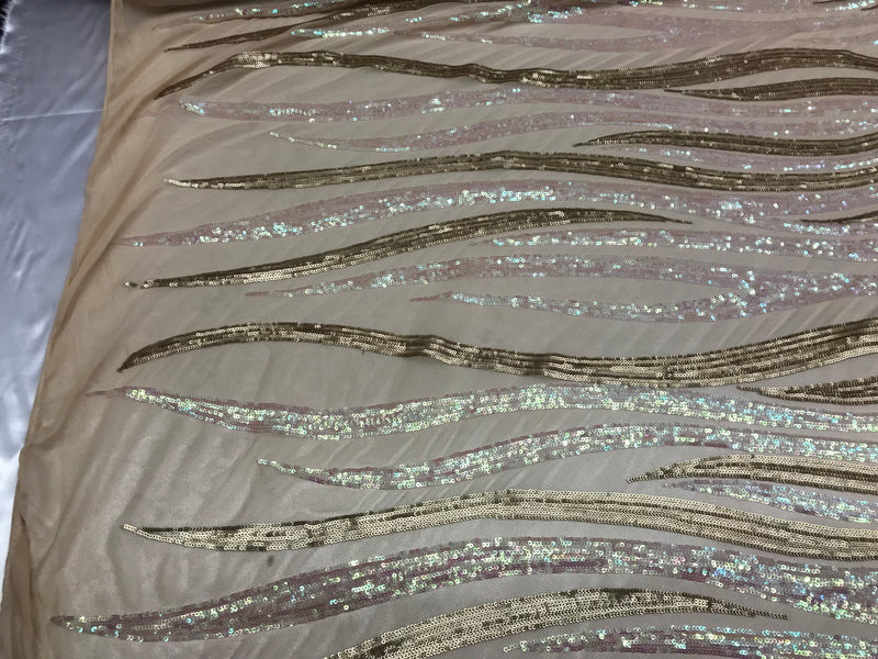 Two Tone - Iridescent Pink/Gold - 4 Way Stretch Sequins Fabric Embroidered On (Nude Mesh) By Yard