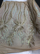 Two Tone - Iridescent Pink/Gold - 4 Way Stretch Sequins Fabric Embroidered On (Nude Mesh) By Yard