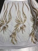 Two Tone - White / Gold -  4 Way Stretch Sequins Fabric Embroidered On Mesh Sold By Yard