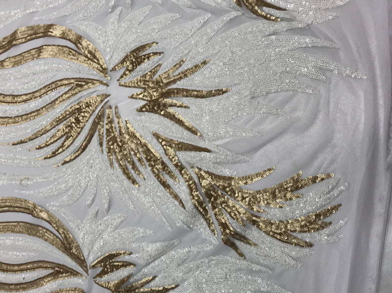 Two Tone - White / Gold -  4 Way Stretch Sequins Fabric Embroidered On Mesh Sold By Yard