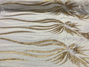 Two Tone - White / Gold -  4 Way Stretch Sequins Fabric Embroidered On Mesh Sold By Yard