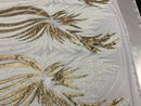 Two Tone - White / Gold -  4 Way Stretch Sequins Fabric Embroidered On Mesh Sold By Yard