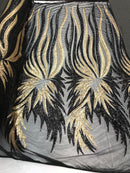 Two Tone - Black/Gold - 4 Way Stretch Sequins Fabric Embroidered On Mesh By Yard