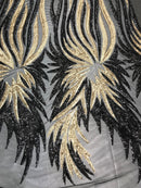 Two Tone - Black/Gold - 4 Way Stretch Sequins Fabric Embroidered On Mesh By Yard