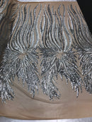 Two Tone - Silver / Matte Silver -  4 Way Stretch Sequins Fabric Embroidered On Mesh Sold By Yard