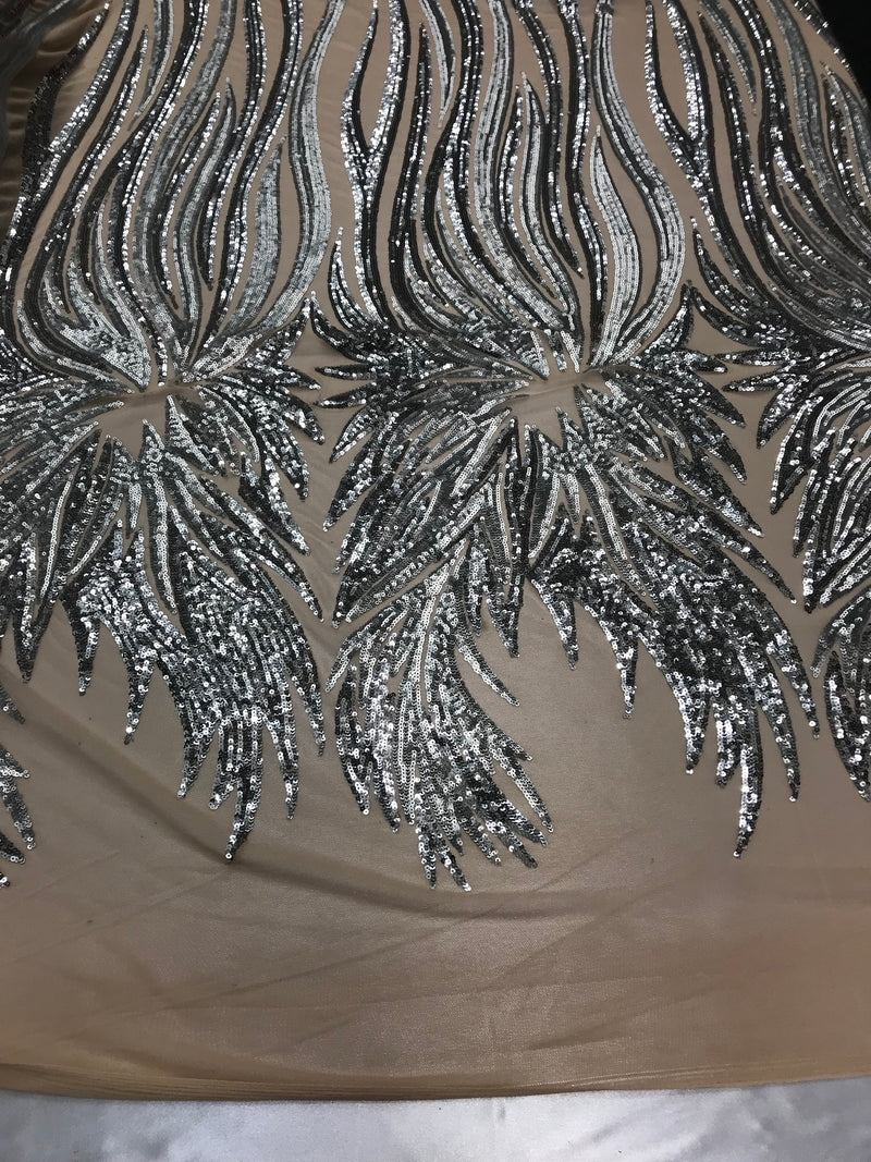 Two Tone - Silver / Matte Silver -  4 Way Stretch Sequins Fabric Embroidered On Mesh Sold By Yard