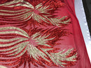 Two Tone - Red/Gold - 4 Way Stretch Sequins Fabric Embroidered On Mesh By Yard