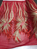 Two Tone - Red/Gold - 4 Way Stretch Sequins Fabric Embroidered On Mesh By Yard