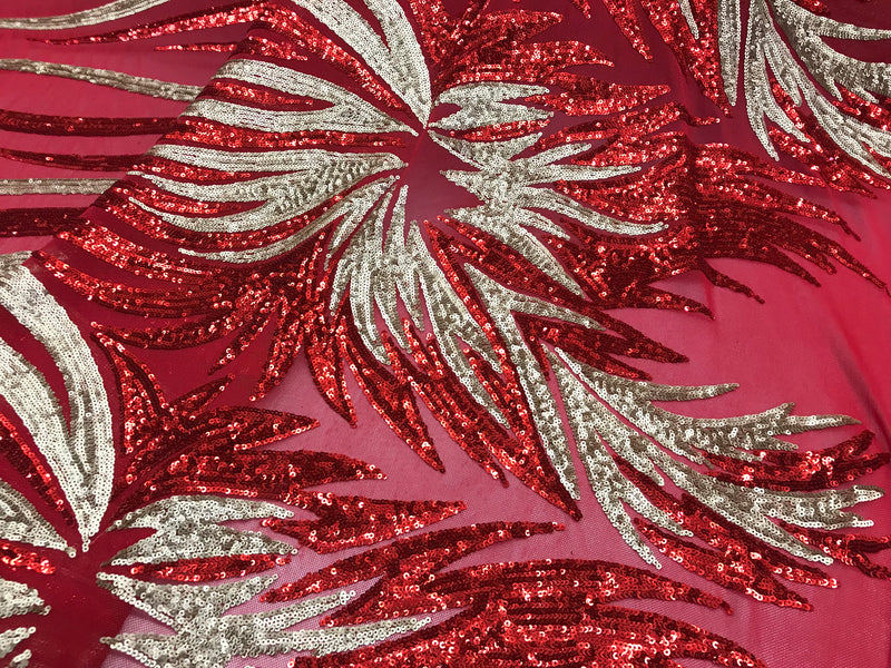 Two Tone - Red/Gold - 4 Way Stretch Sequins Fabric Embroidered On Mesh By Yard