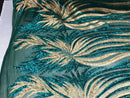 Two Tone - Teal Green / Gold -  4 Way Stretch Sequins Fabric Embroidered On Mesh Sold By Yard