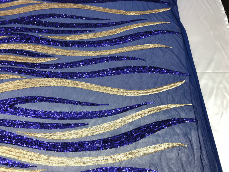 Two Tone - Royal Blue / Gold - 4 Way Stretch Sequins Fabric Embroidered On Mesh Sold By The Yard