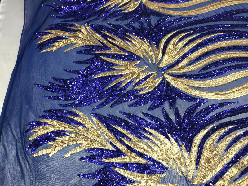 Two Tone - Royal Blue / Gold - 4 Way Stretch Sequins Fabric Embroidered On Mesh Sold By The Yard