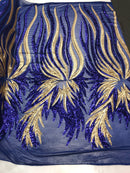 Two Tone - Royal Blue / Gold - 4 Way Stretch Sequins Fabric Embroidered On Mesh Sold By The Yard
