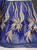 Two Tone - Royal Blue / Gold - 4 Way Stretch Sequins Fabric Embroidered On Mesh Sold By The Yard