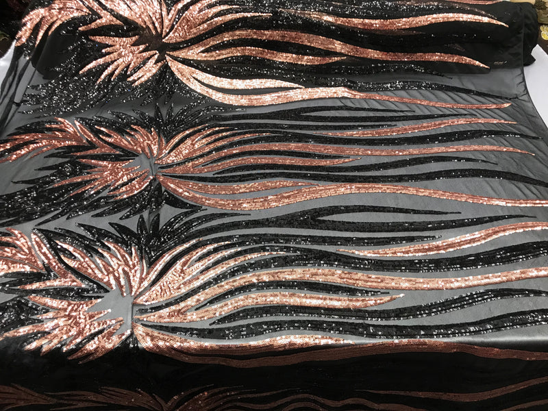 Two Tone - Black / Rose Gold -  4 Way Stretch Sequins Fabric Embroidered On Mesh Sold By Yard