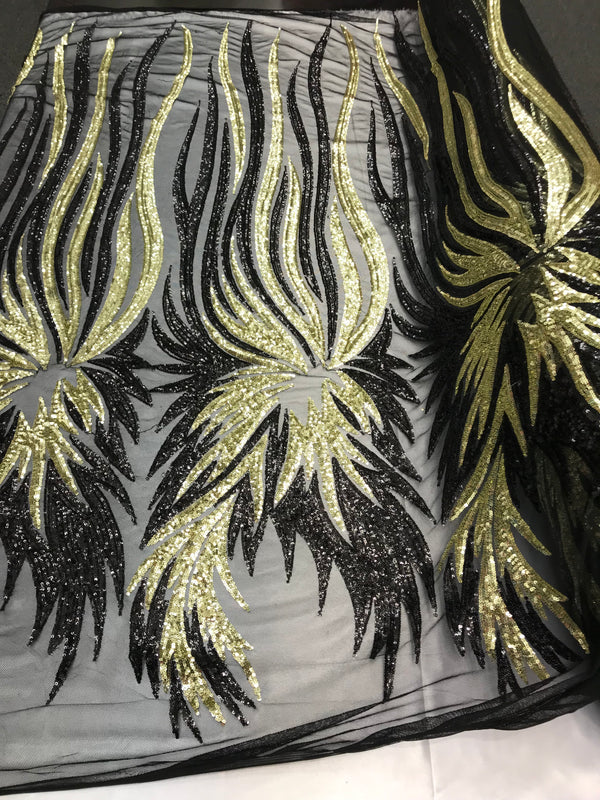 Two Tone - Black / Gold -  4 Way Stretch Sequins Fabric Embroidered On Mesh Sold By The Yard