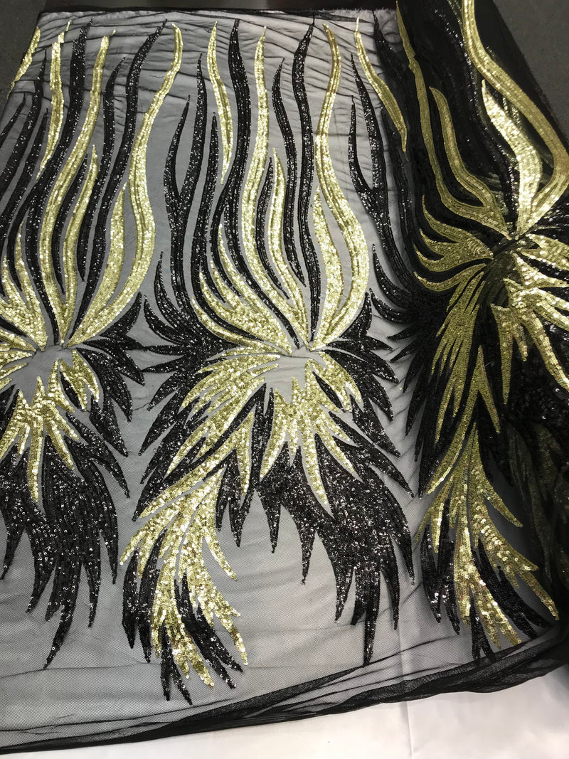 Two Tone - Black / Gold -  4 Way Stretch Sequins Fabric Embroidered On Mesh Sold By The Yard