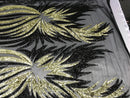 Two Tone - Black / Gold -  4 Way Stretch Sequins Fabric Embroidered On Mesh Sold By The Yard