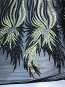 Two Tone - Black / Gold -  4 Way Stretch Sequins Fabric Embroidered On Mesh Sold By The Yard