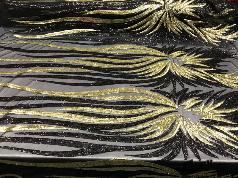 Two Tone - Black / Gold -  4 Way Stretch Sequins Fabric Embroidered On Mesh Sold By The Yard