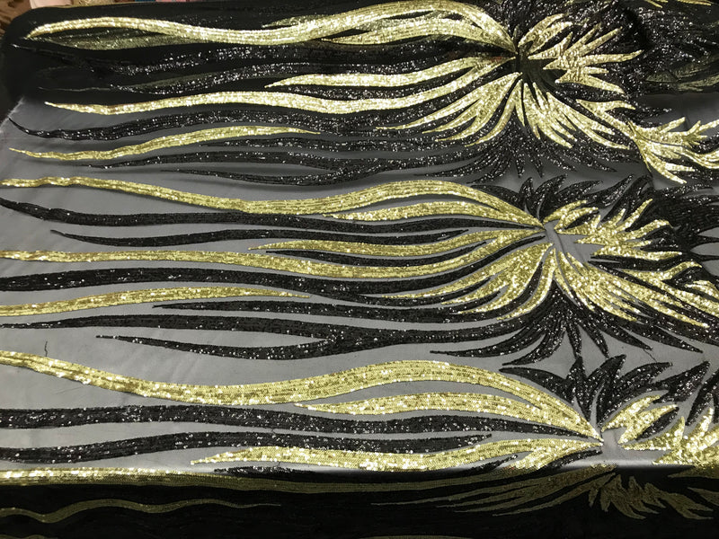 Two Tone - Black / Gold -  4 Way Stretch Sequins Fabric Embroidered On Mesh Sold By The Yard