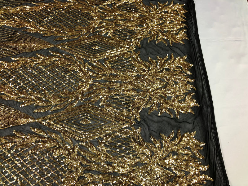 Sequins 4 Way Stretch Shiny Fabric with Triangle Net Pattern - Gold On Black Mesh - Sold by The Yard
