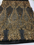 Sequins 4 Way Stretch Shiny Fabric with Triangle Net Pattern - Gold On Black Mesh - Sold by The Yard
