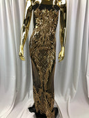 Sequins 4 Way Stretch Shiny Fabric with Triangle Net Pattern - Gold On Black Mesh - Sold by The Yard