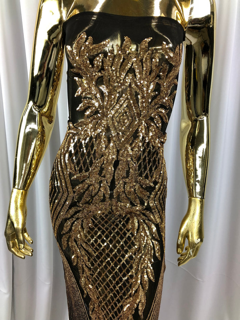 Sequins 4 Way Stretch Shiny Fabric with Triangle Net Pattern - Gold On Black Mesh - Sold by The Yard