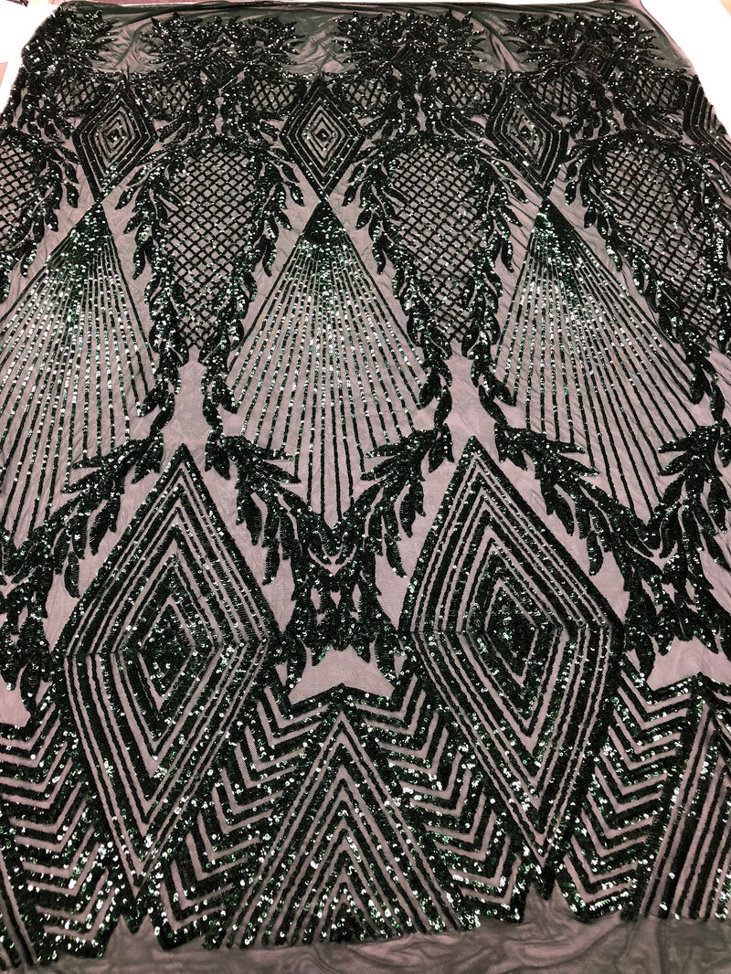 Sequins 4 Way Stretch Shiny Fabric with Triangle Net Pattern - Hunter Green - Sold by The Yard