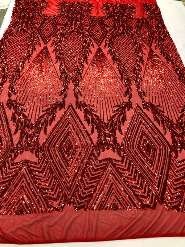 Sequins 4 Way Stretch Shiny Fabric with Triangle Net Pattern - Red - Fabric Sold by The Yard