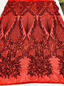 Sequins 4 Way Stretch Shiny Fabric with Triangle Net Pattern - Red - Fabric Sold by The Yard