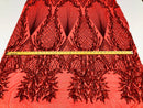 Sequins 4 Way Stretch Shiny Fabric with Triangle Net Pattern - Red - Fabric Sold by The Yard