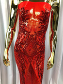 Sequins 4 Way Stretch Shiny Fabric with Triangle Net Pattern - Red - Fabric Sold by The Yard